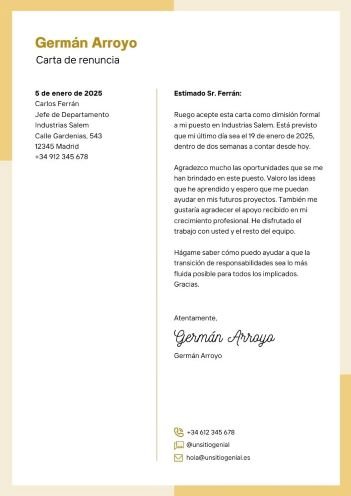 carta de renuncia voluntaria gratis